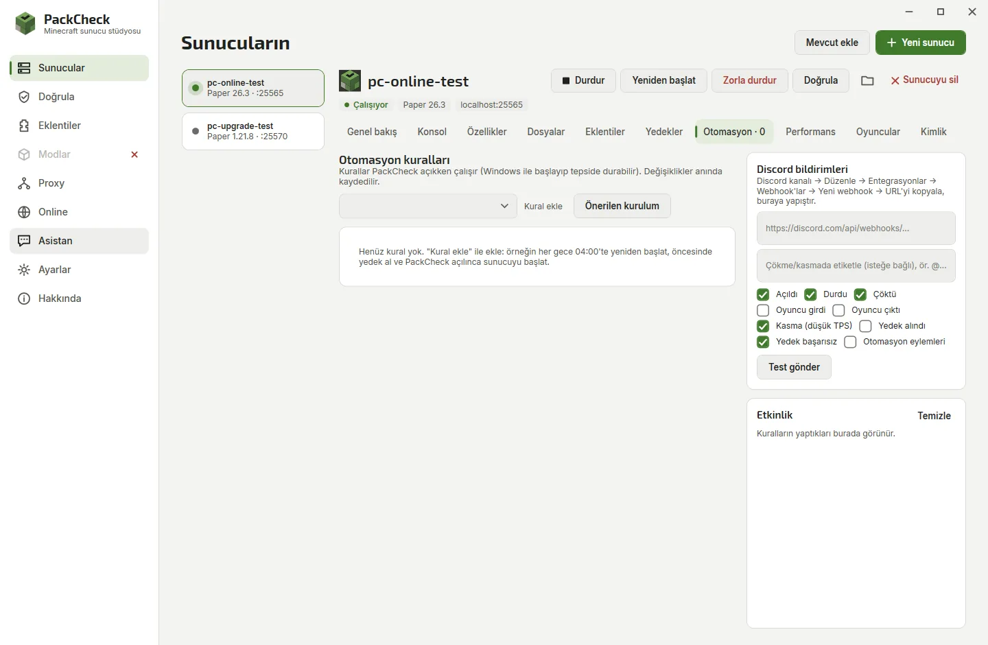 Automation tab with scheduled restart, backup and crash restart rules for a Minecraft server