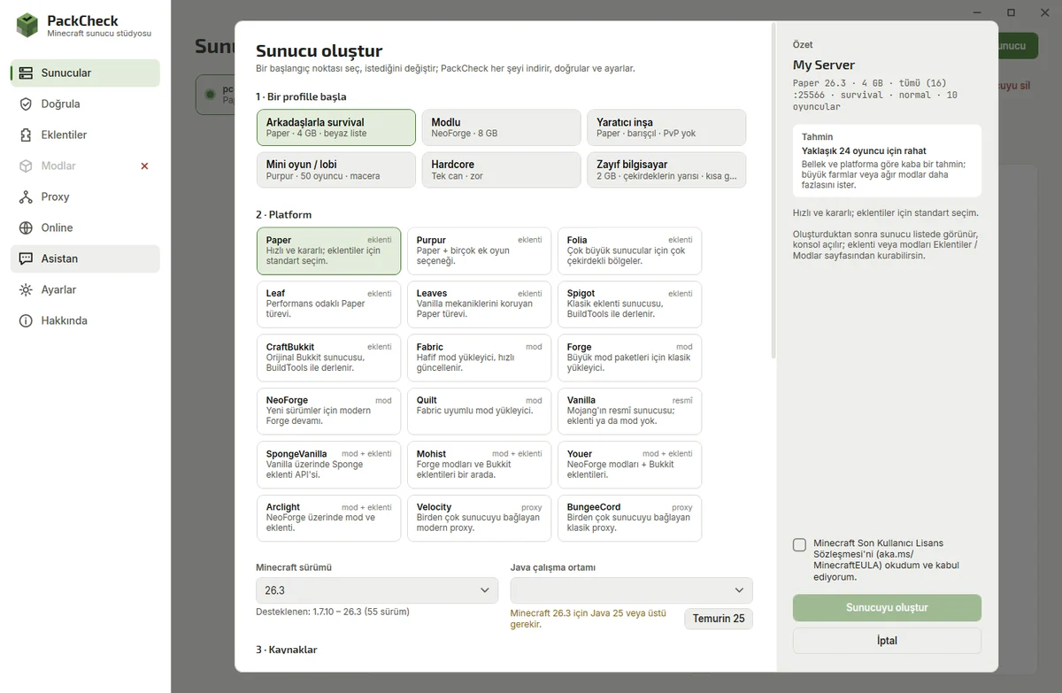 Create Minecraft server wizard with profiles, platform cards, RAM and CPU sliders