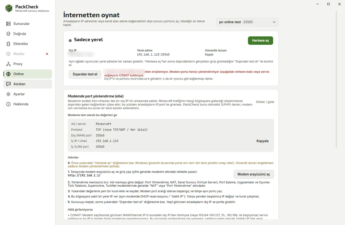 Online page with port forwarding guide