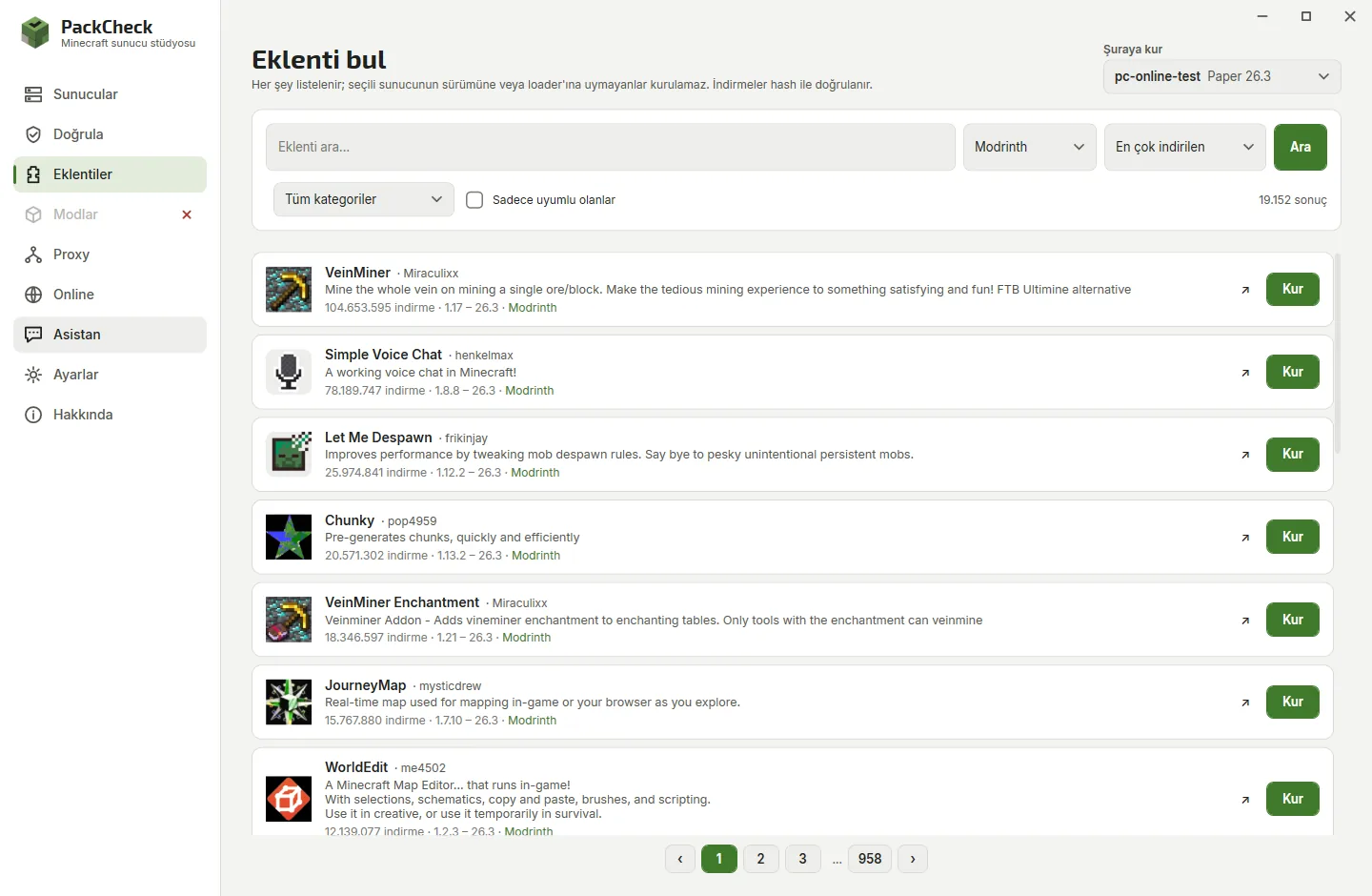 Minecraft plugin browser showing Modrinth and Hangar plugins compatible with a Paper server
