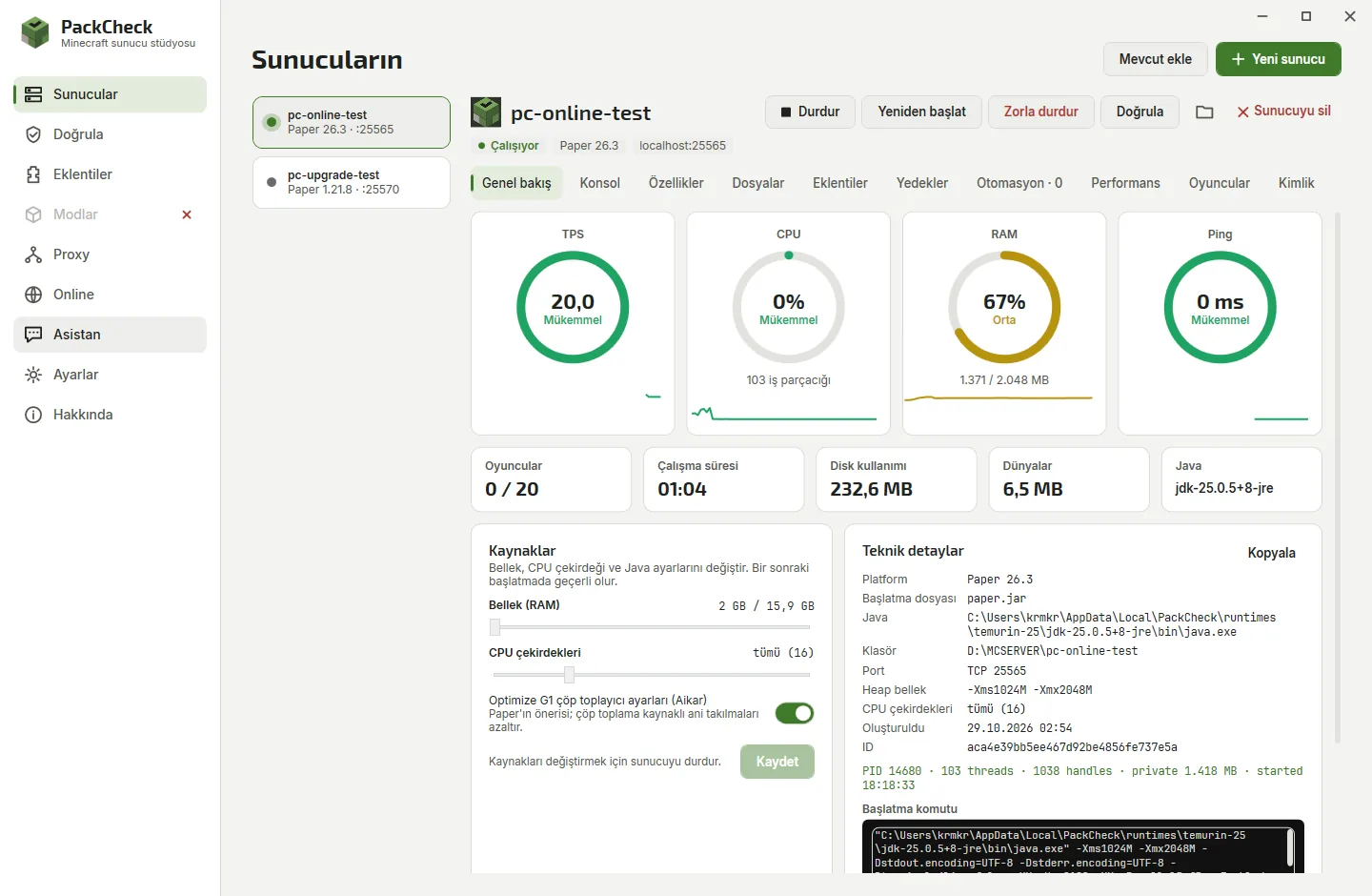 PackCheck dashboard of a running Paper server: TPS 20, CPU, RAM and ping gauges, resources and technical details