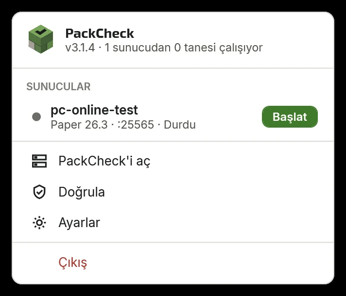 Tray menu listing servers with start buttons