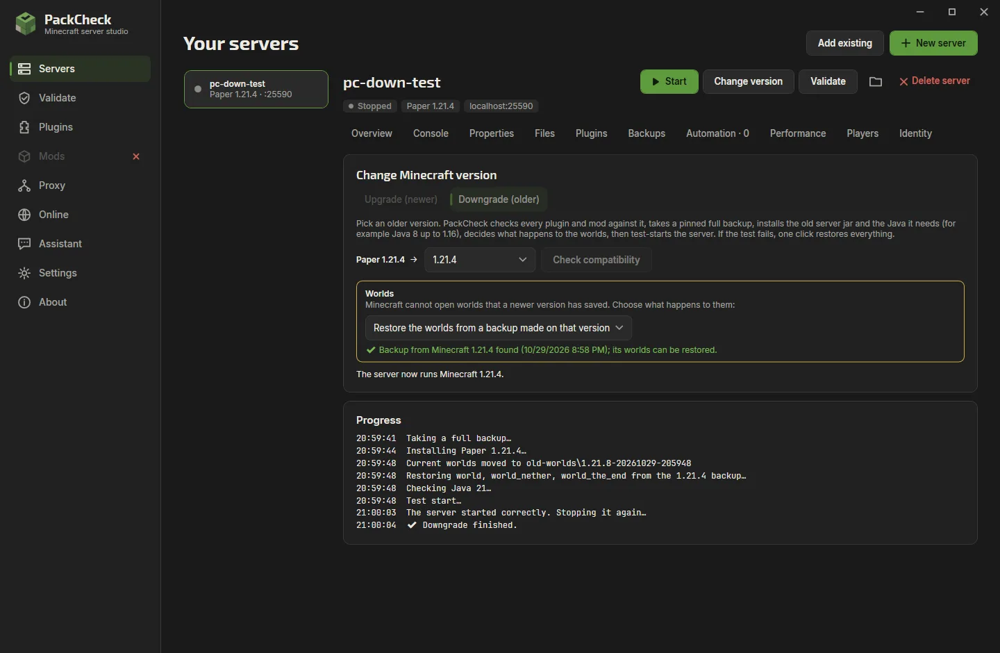 Minecraft server version upgrade wizard with a plugin compatibility report
