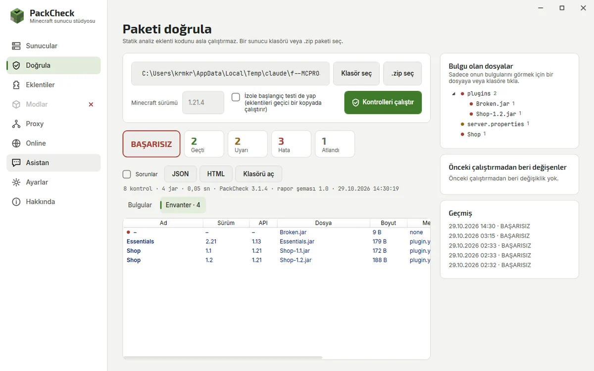 Plugin and mod validation results grouped by severity with evidence and fixes